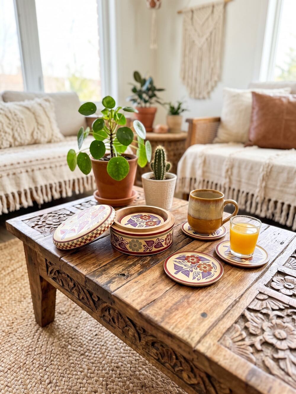 Vintage Mexican Folk Art Hand Painted Wooden Lidded Box Bowl Set of 5 Coasters